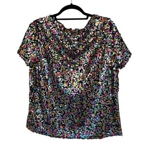 Women's Colorful Hatch Short Sleeve Sequined Top Size L Made in The USA